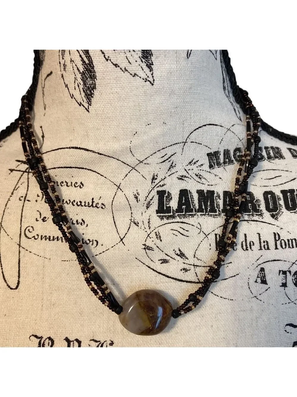 Boho Stone & Bead Necklace Multi Strand Brown & Black